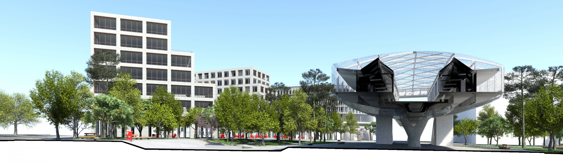 Illustration - Coupe transversale sur le skatepark et la station, phase PRO, juin 2018