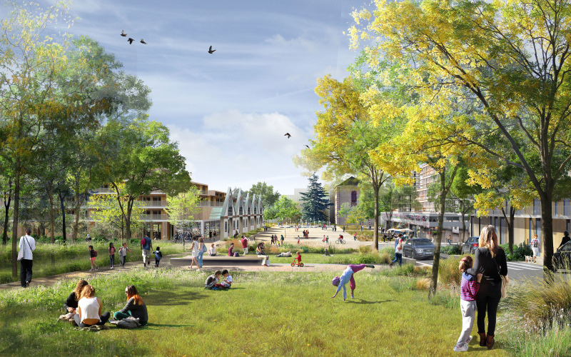 Illustration - Perspective vers la place centrale au cœur du nouveau quartier-© Loukat