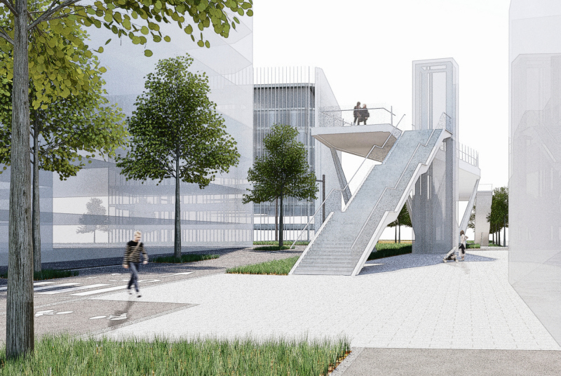 Illustration - Image d'insertion de la faisabilité de passerelle franchissant les voies ferrées, depuis le parvis du futur collège