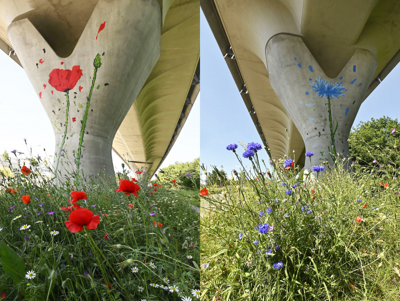Illustration - Les piles du viaduc du métro peintes par l’artiste de street art rennais WAR! © SEMTCAR
