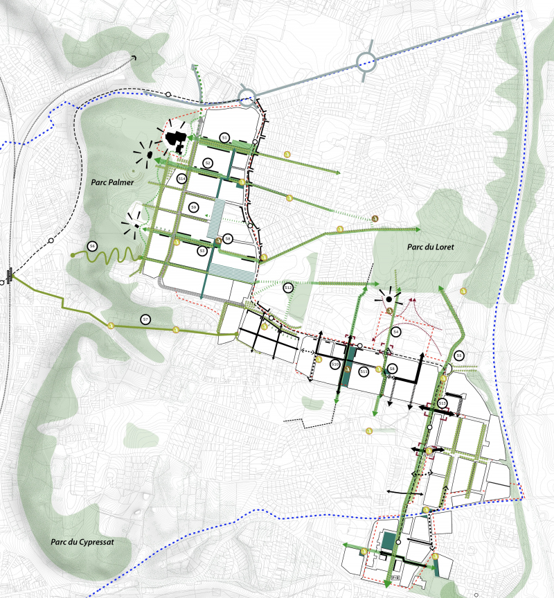 Illustration - Le plan guide structure : désenclaver, compléter et conforter la trame des espaces publics - des axes structurants aux lieux de la vie de proximité