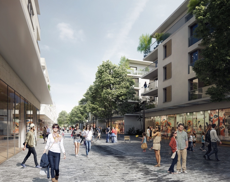 Illustration - Perspective sur mail et les commerces en RdC (Arpentère)