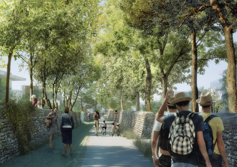 Illustration - Perspective de la rue Lagattu avec ses murs en pierres sèches