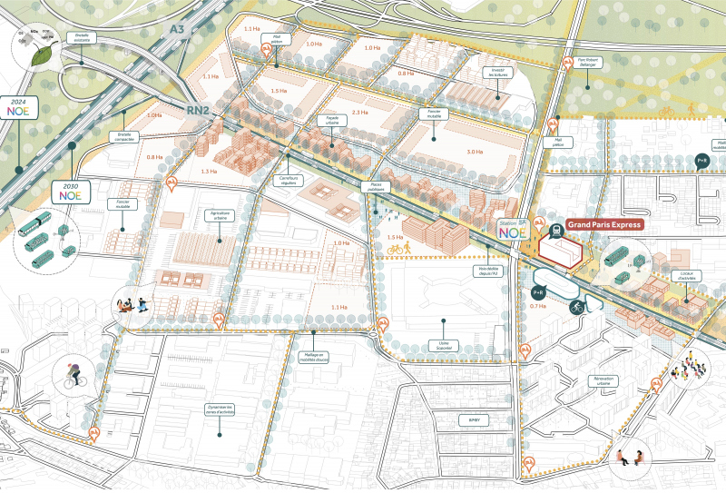 Illustration - Station NOE à Aulnay-sous-Bois, la RN3 comme boulevard urbain multimodal rejoignant l’autoroute à la gare du GPE.