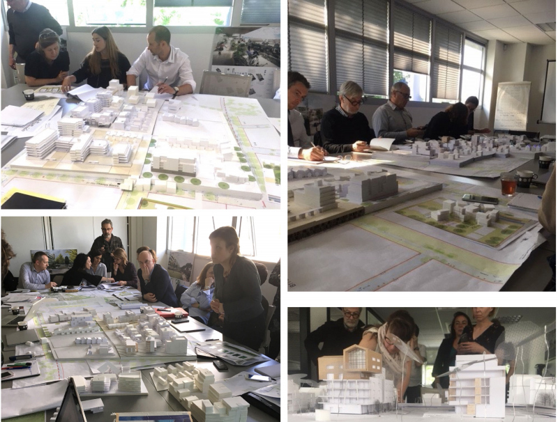 Illustration - Ateliers de coordination en 2009 avec l’ensemble de concepteurs de l’îlot D1 autour de la maquette collective de travail au 1/200. 