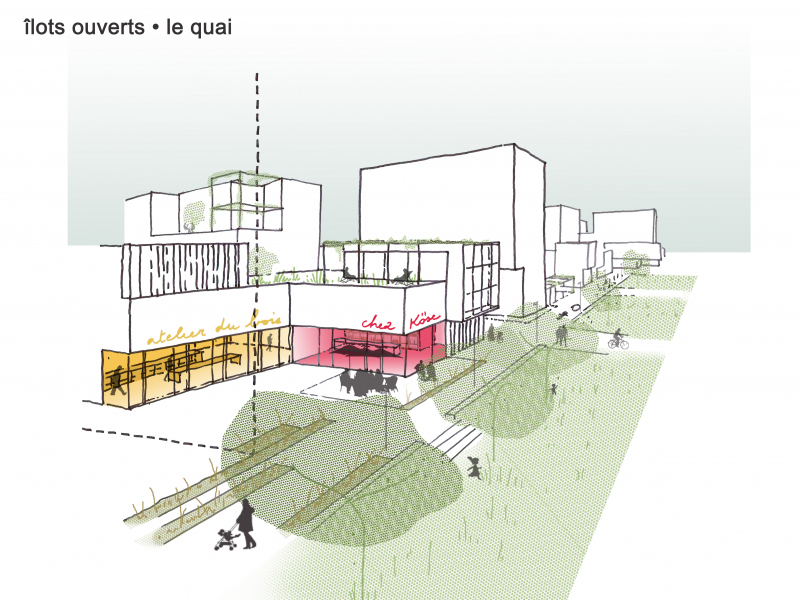 Illustration - Croquis perspectif sur le jardin central et une courée artisanale