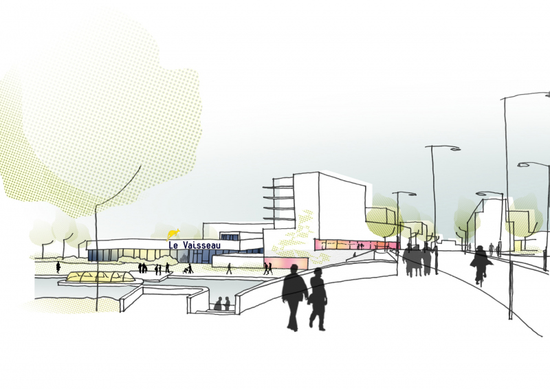 Illustration - Croquis perspectif sur la porte d’entrée ouest du quartier (avant arrivée de la tour Elithis)