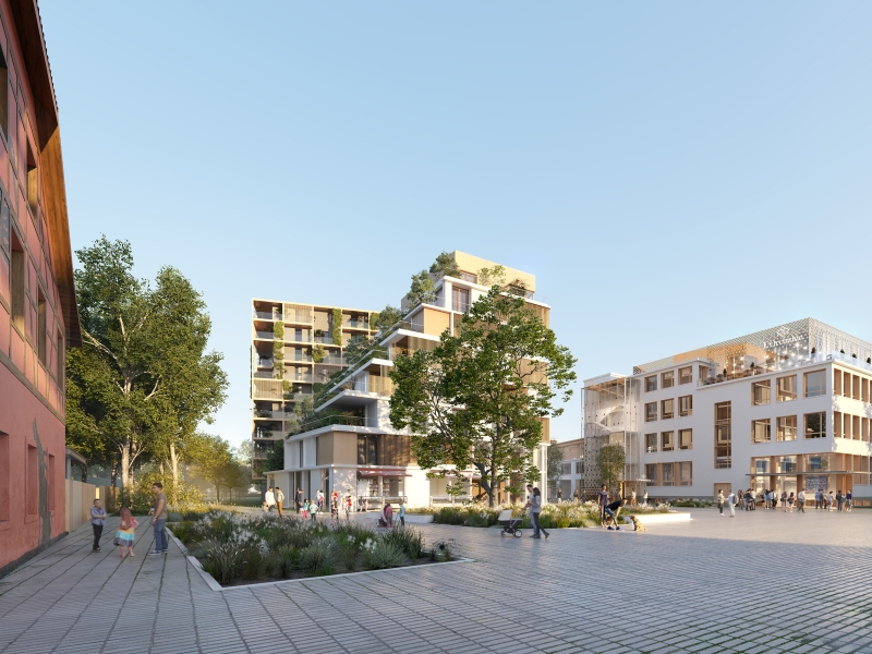 Illustration - VUE PERSPECTIVE DE LA PLACE DU CHÂTAIGNER - A DROITE, LE RESTAURANT ET SON ROOFTOP -©Faber Picturae/Oslo / D&A