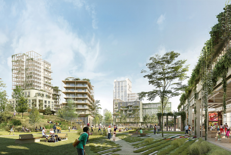 Illustration - Un quartier durable, animé et mixte et les logements paysage emblématiques d’une architecture bas carbone du 21° siècle ©BY ENCORE