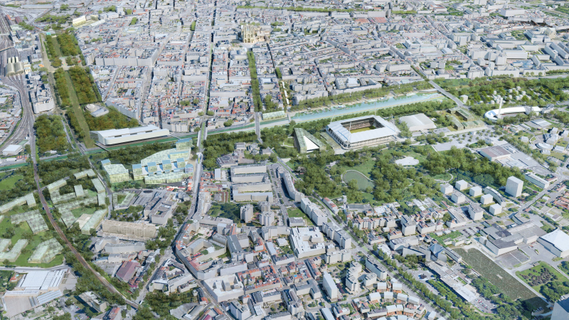 Illustration - Vue aérienne de jour du cœur de métropole requalifié et équipé