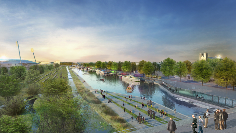 Illustration - Vue du port de la Vesles étendu suite à la suppression de l’A4 en centre-ville