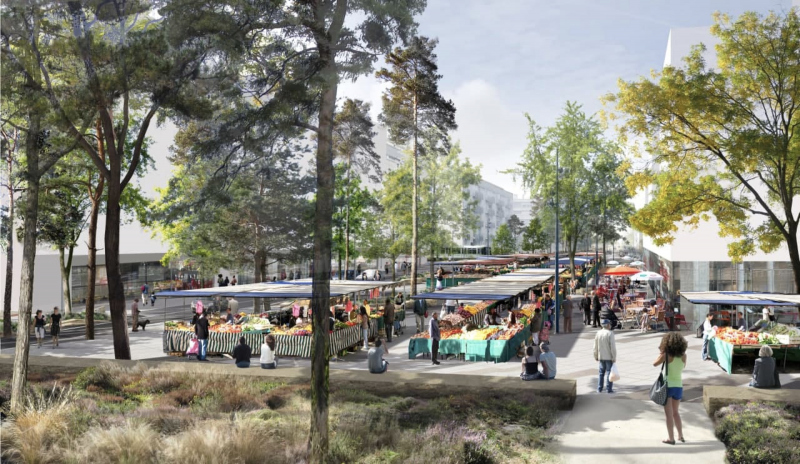 Illustration - Vue sur la place du marché depuis le square – un jour de marché