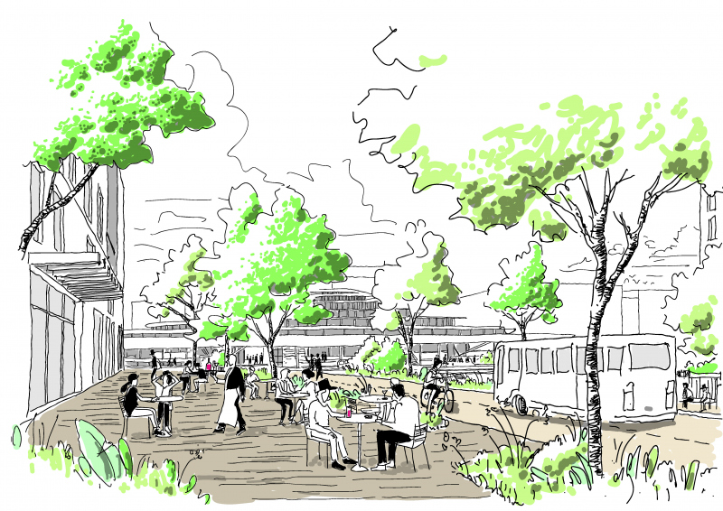 Illustration - Croquis d’ambiance du mail animé devant la nouvelle gare du Grand Paris