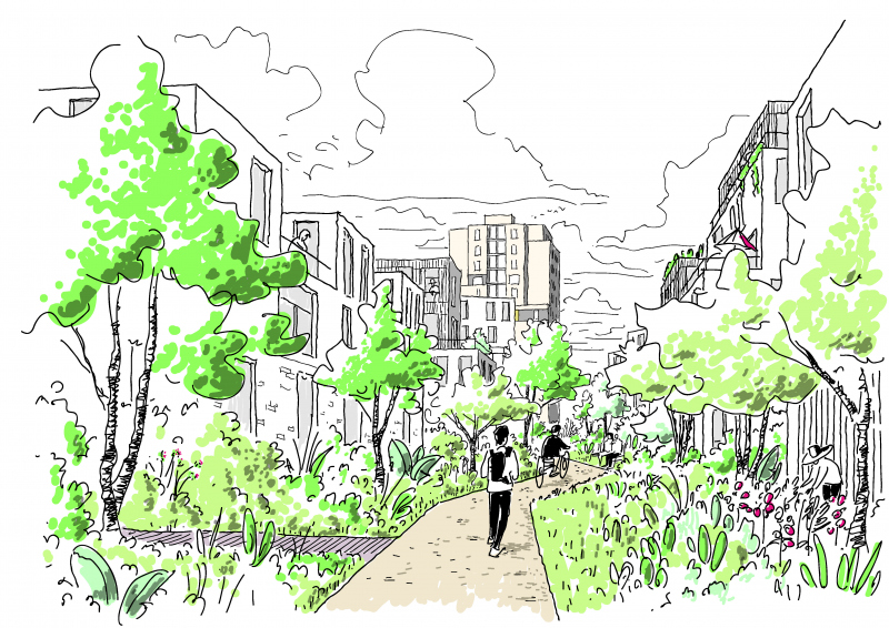 Illustration - Croquis d’ambiance de la venelle verte des enfants reliant le pôle gare au quartier du Champy