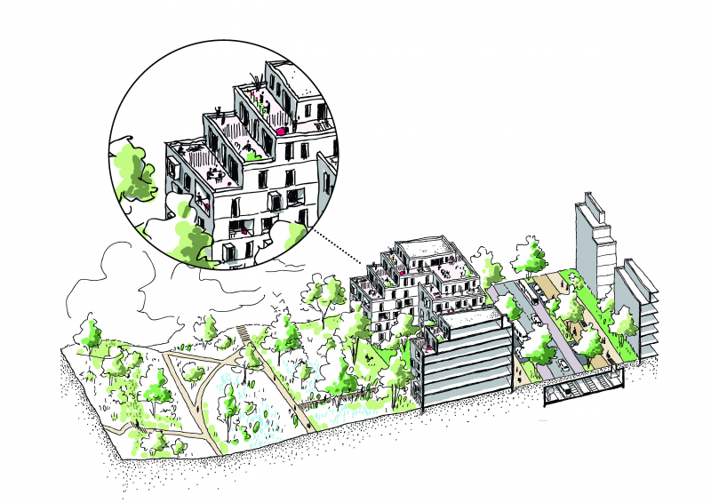 Illustration - Coupe axonométrique de la frange du boulevard du Ru de Nesles face à la Butte verte