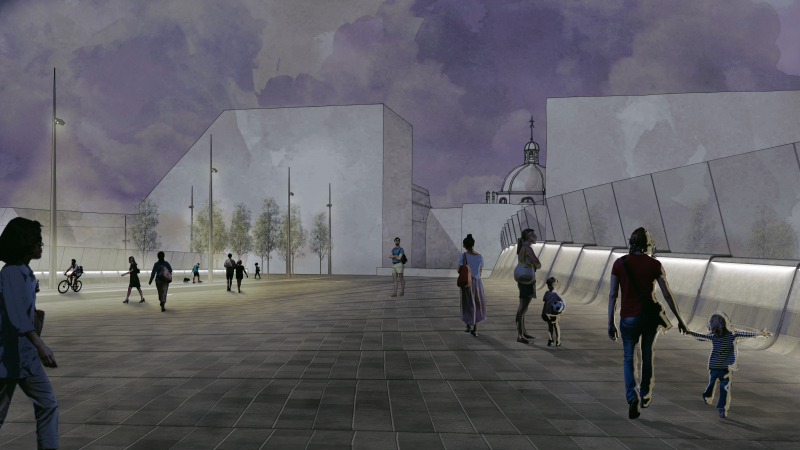 Illustration - Vue de nuit avec la chapelle Saint Louis de la Salpêtrière que l'on perçoit derrière les futurs immeubles