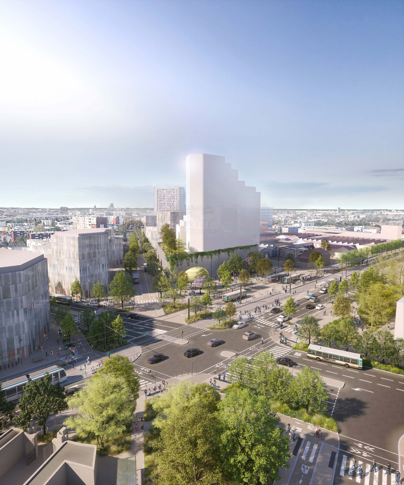 Illustration - Vue aérienne avec la nouvelle gare à l'arrière-plan