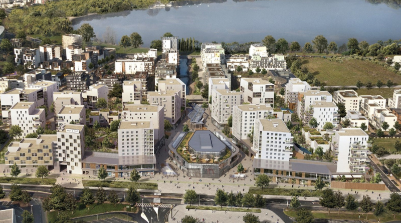 Illustration - Vue axonométrique du centre commercial avec logements superposé