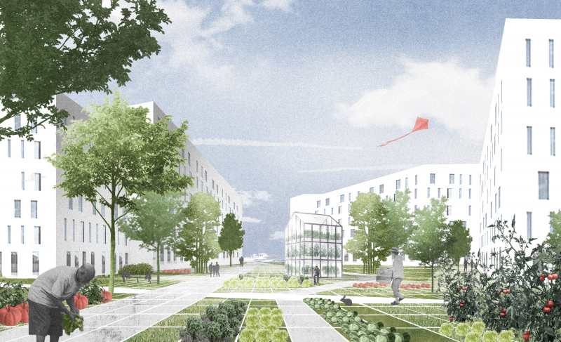 Illustration - Vue d’un cœur de quartier dans les zones résidentielles