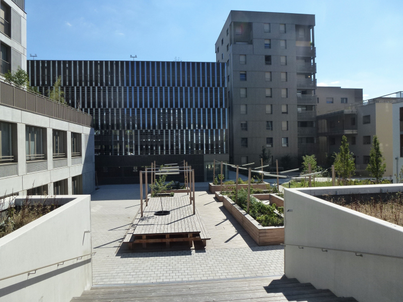 Illustration - Vue du cœur d’ilot I depuis la terrasse partagée sur le toit de l’entrée mutualisée du parking silo partagé